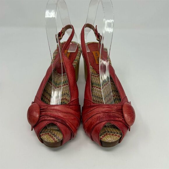 Miz Mooz Violin Red Leather Slingback Peep Toe Pumps Size 6 Button Detail - Picture 4 of 13